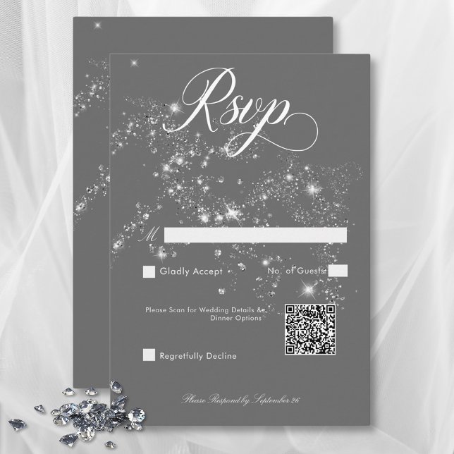 Modern minimal Grått och vita glasdiamanter QR-kod OSA Kort (Modern Minimal Gray & White Glam Diamonds QR Code RSVP Card)