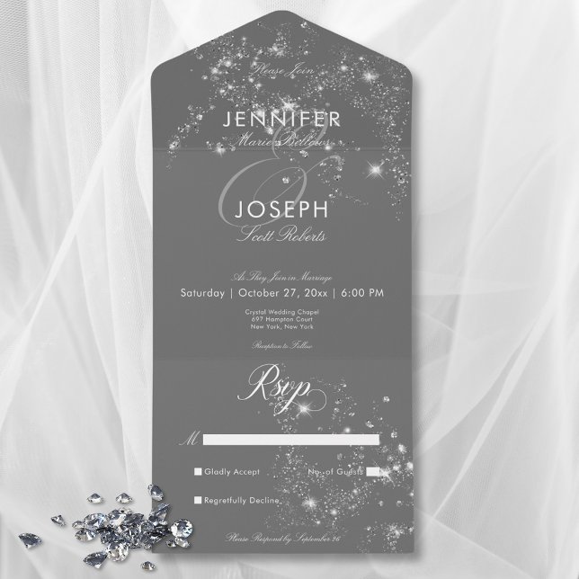 Modern Minimal Grått White Glam Diamonds No Midinn (Modern Minimal Gray White Glam Diamonds No Dinner All In One Invitation)