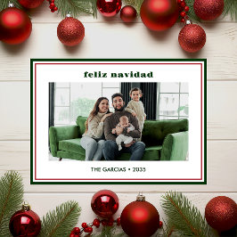 Modern Minimal Green Border Photo Feliz Navidad Julkort