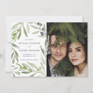 Modern minimal grön olivkvist blad bröllop meddelande