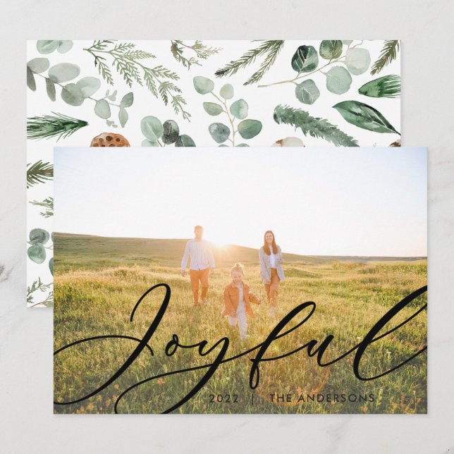 Modern minimal grönska 1 foto skript elegant julkort (Fram/baksida)
