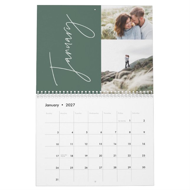 Modern minimal grönt 2-fotofamiljs elegant kalender (Jan 2027)
