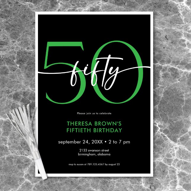 Modern minimal Grönt femtio skript födelsedag Inbjudningar (Modern Minimal Green Fifty Script Birthday Invitation)