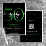 Modern Minimal Grönt femtio skript, födelsedag QR Inbjudningar<br><div class="desc">Modern och chic,  den här födelsedagsinbjudan kombinerar klassiskt svart och vitt med ljusgrön kalk. Det är en minimal design som är enkel och roligt för att fira milstolpen. Baksidan innehåller ett område för en QR-kod för OSANS svar. Skapat av Farmhouse Press.</div>