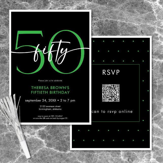 Modern Minimal Grönt femtio skript, födelsedag QR Inbjudningar (Modern Minimal Green Fifty Script Birthday QR Invitation)