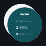 Modern minimal Grönt runt cirkel Bröllop Meny<br><div class="desc">Den här menydesignen i contemporary bröllop har kurser i din bröllop-måltid i enkelt typsnitt och en elegant och ren design. Det här djupa menykortet för teal-grönt är definitivt utmärkande för folkmassan. Modern typografi och menydesign för ett modernt bröllop. Alla inslag är anpassade - text, bakgrund och färg. Redigera namn och...</div>
