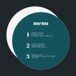 Modern minimal Grönt runt cirkel Bröllop Meny<br><div class="desc">Den här menydesignen i contemporary bröllop har kurser i din bröllop-måltid i enkelt typsnitt och en elegant och ren design. Det här djupa menykortet för teal-grönt är definitivt utmärkande för folkmassan. Modern typografi och menydesign för ett modernt bröllop. Alla inslag är anpassade - text, bakgrund och färg. Redigera namn och...</div>