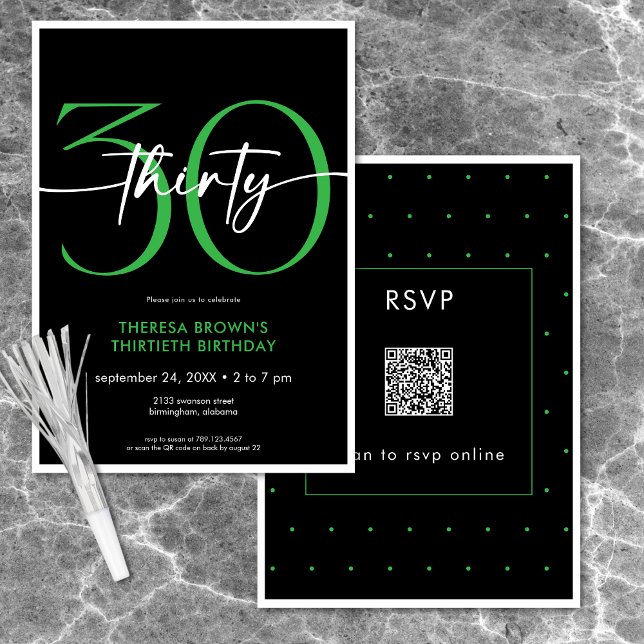 Modern minimal Grönt, trettio skript, födelsedag Q Inbjudningar (Modern Minimal Green Thirty Script Birthday QR Invitation)