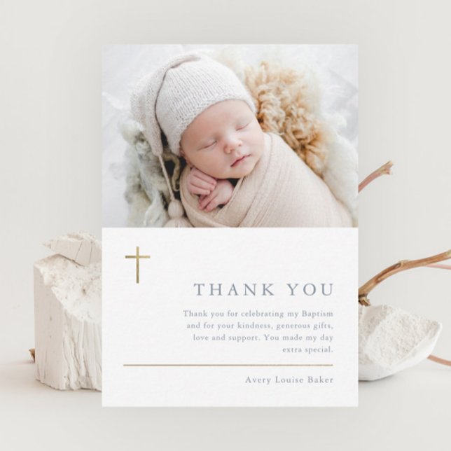Modern minimal Guld Kor-fotobaptism Tack Vykort (Elegant gold cross baby photo baptism thank you postcard.)