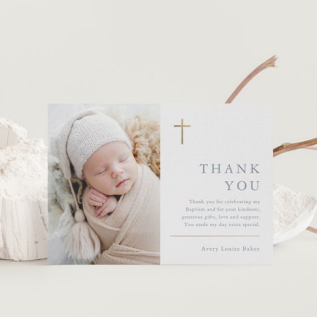 Modern minimal Guld Kor-fotobaptism Tack Vykort (Modern gold cross baby photo boys baptism thank you postcard.)