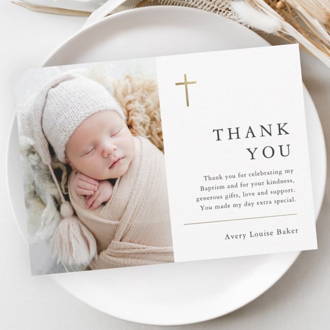 Modern Minimal Guld Kors Foto Dop Tack Kort (Modern gold cross baby photo baptism thank you postcard.)
