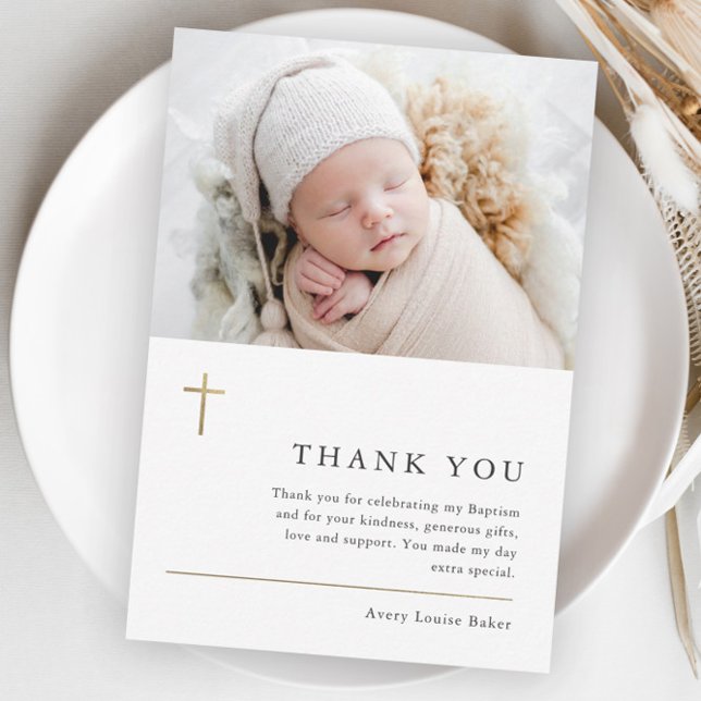 Modern Minimal Guld Kors Foto Dop Tacksamhetskort Vykort (Elegant gold cross baby photo baptism thank you postcard.)