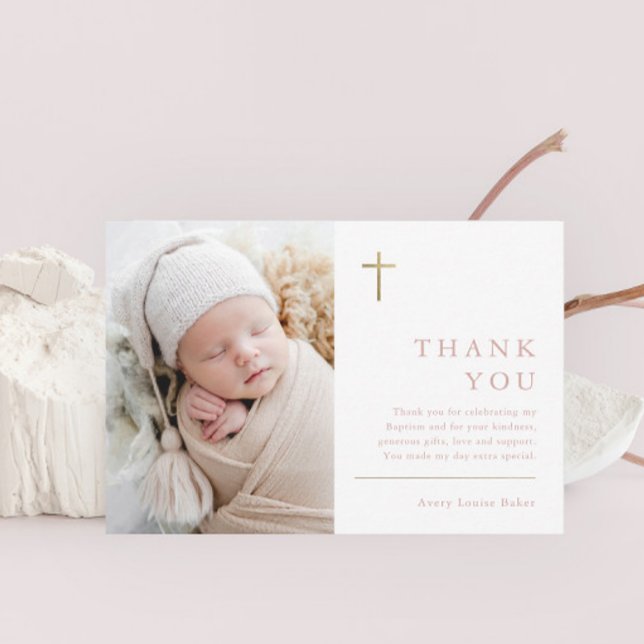 Modern Minimal Guld Kors Foto Dop Tacksamhetskort Vykort (Modern gold cross baby photo girls baptism thank you postcard.)