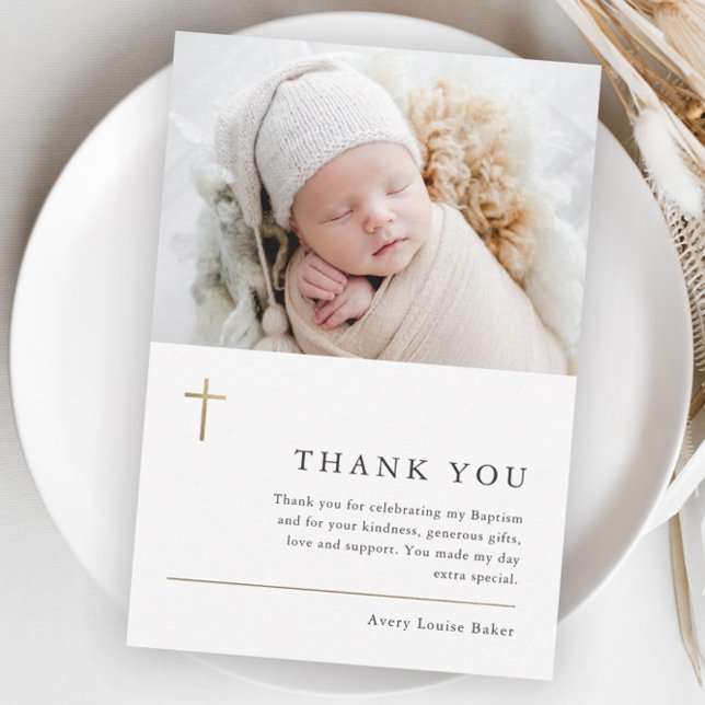 Modern Minimal Guld Kors Foto Dop Tacksamhetskort Vykort (Modern gold cross baby photo baptism thank you postcard.)