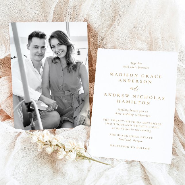 Modern Minimal Guld Photo Bröllop Inbjudningar (Skapare uppladdad)