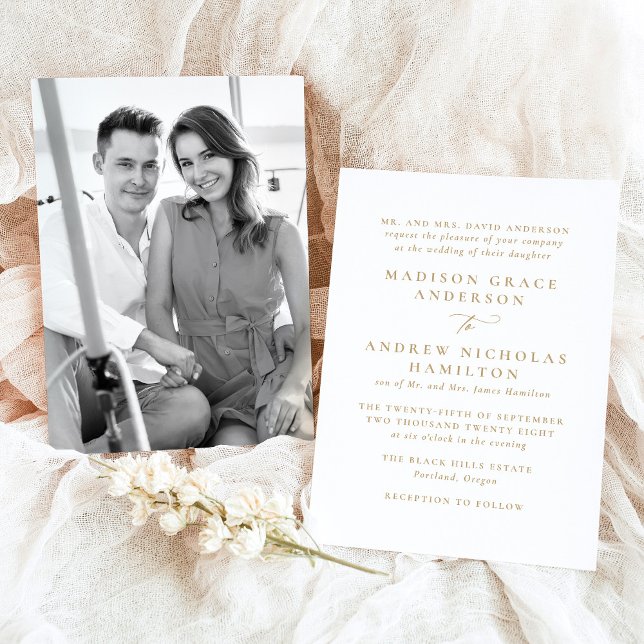 Modern Minimal Guld Photo Bröllop Inbjudningar (Skapare uppladdad)