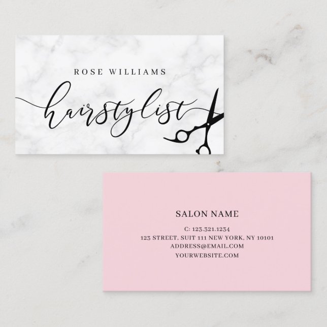 Modern minimal hårslista och rosa hårstylist visitkort (Fram/baksida)