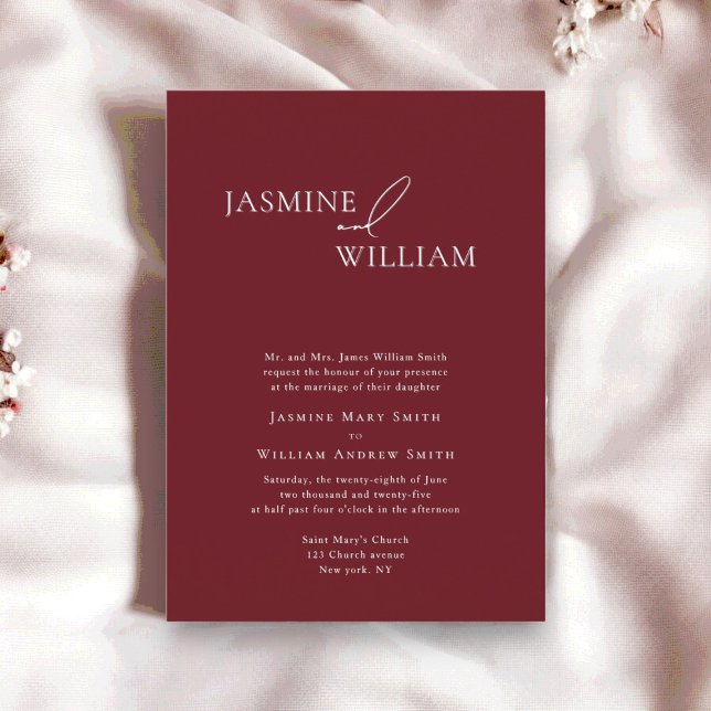Modern, minimal inbjudan till borgerligt bröllop (beautiful deep cherry red modern wedding invite by willows weddings)