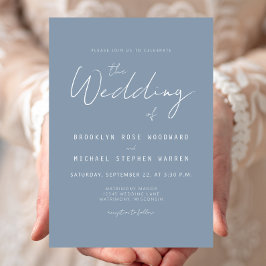 Modern minimal inbjudan till Dusty Blue Script Wed