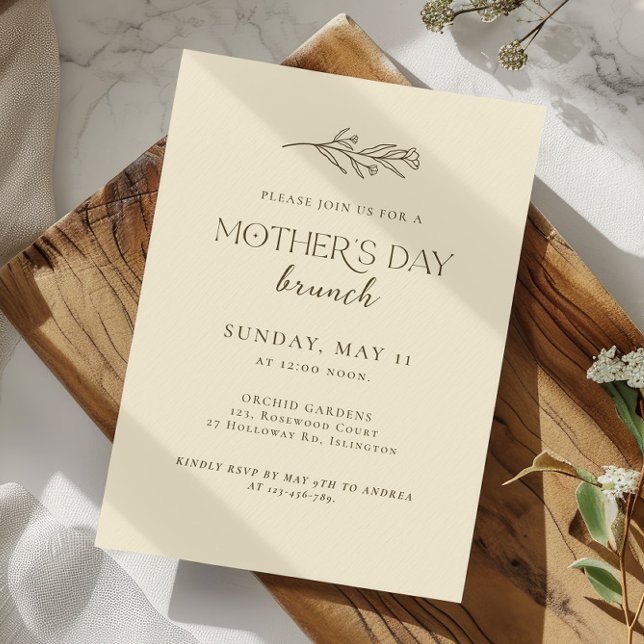 Modern minimal inbjudan till Mors dag-Brunch (modern minimalist mothers day brunch invitation beige background floral line art)
