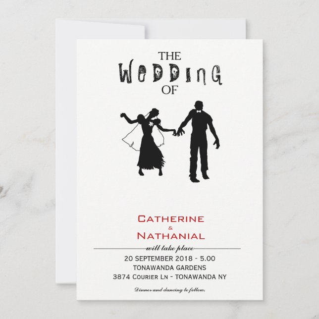 Modern minimal inbjudan till Zombie Horde Wedding (Framsida)