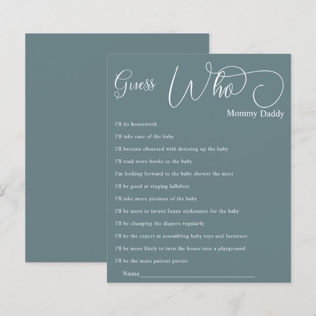 Modern Minimal Kalligrafi Baby Shower Gissa Vem (Fram/baksida)