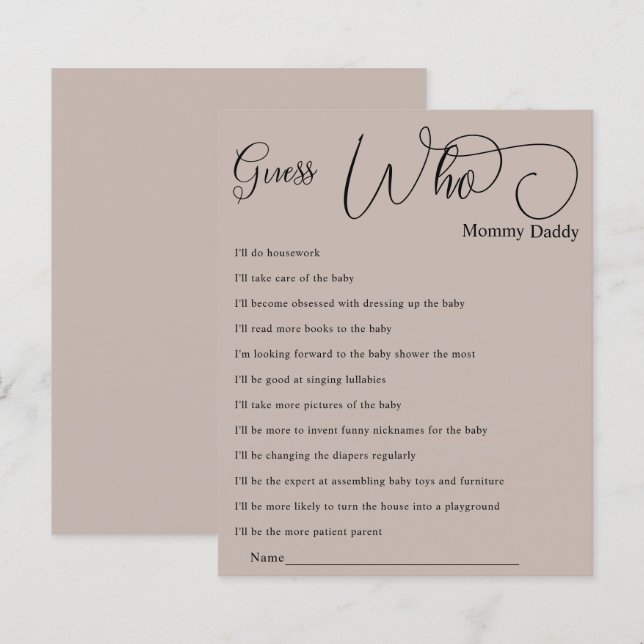 Modern Minimal Kalligrafi Baby Shower Gissa Vem (Fram/baksida)