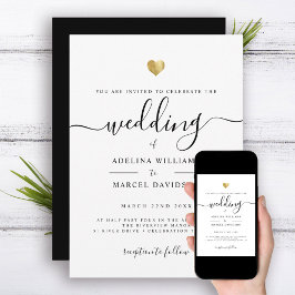 Modern minimal kalligrafi Guld Heart Bröllop Inbjudningar