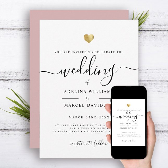 Modern minimal kalligrafi Guld Heart Bröllop Inbjudningar (Skapare uppladdad)