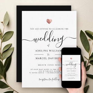 Modern minimal kalligrafi Ro Guld Heart Bröllop Inbjudningar