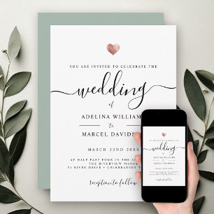 Modern minimal kalligrafi Ro Guld Heart Bröllop Inbjudningar