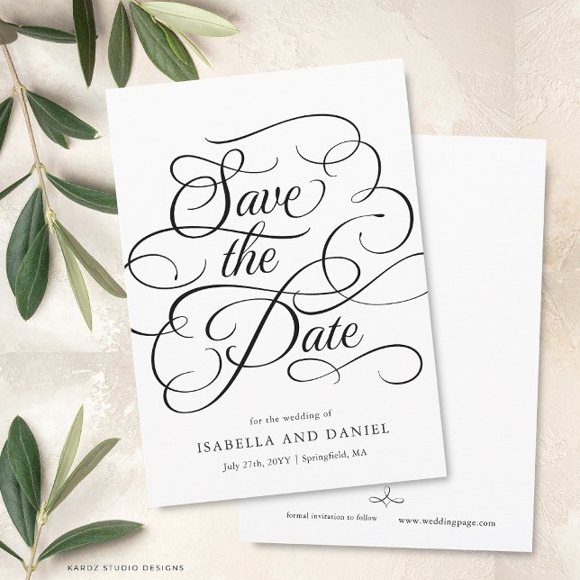 Modern Minimal Kalligrafisk Bröllops Save The Date Inbjudningar (The front and back of the invitation shown in a 5x7-inch size. Choose size, paper, and corner style.)