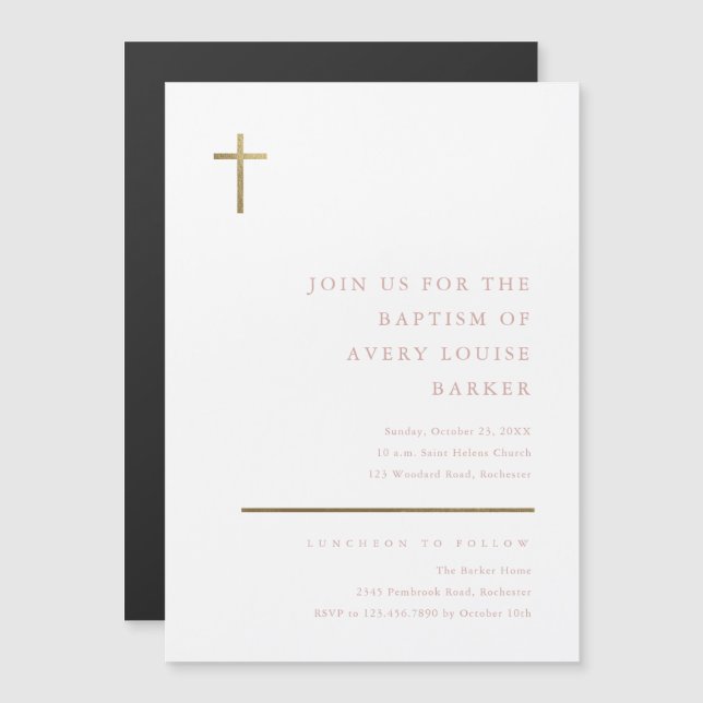 Modern minimal Kor-baptism i Guld Magnetisk Inbjudningskort (Fram/baksida)