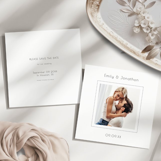 Modern minimal kvadrat, foto Bröllop spara datum Spara Datumet (Front and back view)