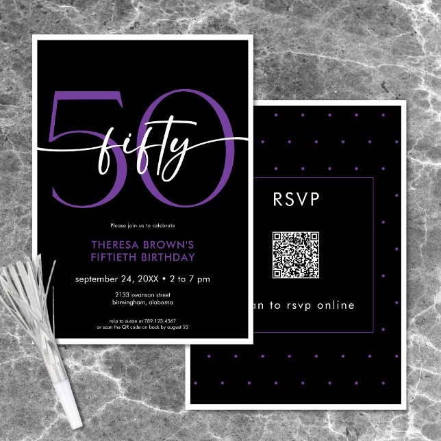Modern Minimal Lila femtio skript, födelsedag QR Inbjudningar (Modern Minimal Purple Fifty Script Birthday QR Invitation)