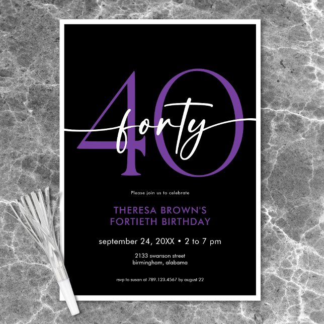 Modern Minimal Lila Fyrtio Script Födelsedag Inbjudningar (Modern Minimal Purple Forty Script Birthday Invitation)
