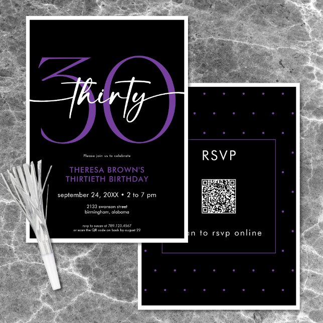 Modern Minimal Lila, trettio skript, födelsedag QR Inbjudningar (Modern Minimal Purple Thirty Script Birthday QR Invitation)