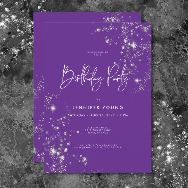 Modern Minimal Lila White Glam Diamonds Birthday Inbjudningar (Modern Minimal Purple White Glam Diamonds Birthday Invitation)