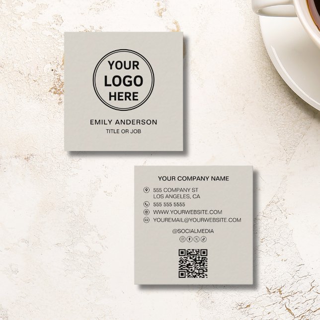 Modern Minimal Logotyp QR Sociala Medier Fyrkantigt Visitkort (Modern Minimal Logo QR Social Media Square Business Card)