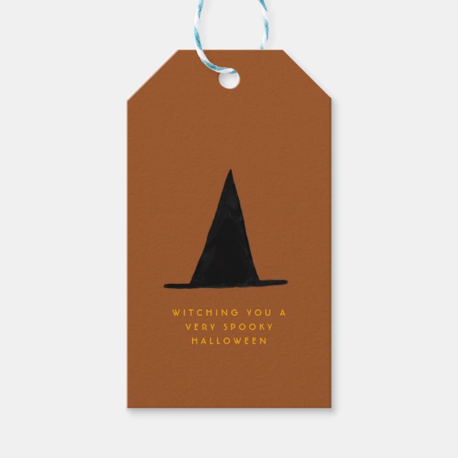 Modern Minimal Lycklig-taloky Halloween Witch Hat Presentetikett (Framsidan)
