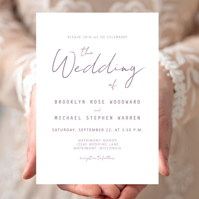 Modern Minimal Mauve Script Wedding Invite Inbjudningar (Skapare uppladdad)
