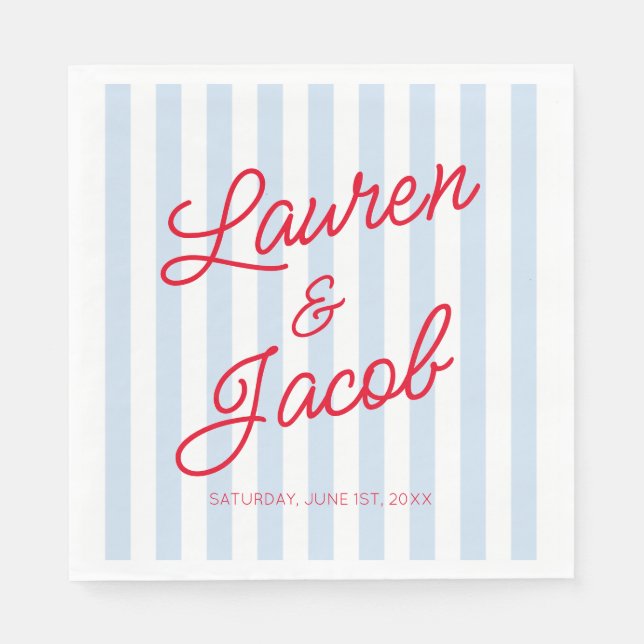 Modern Minimal Minimalist Blue Stripes Red Wedding Pappersservett (Framsidan)
