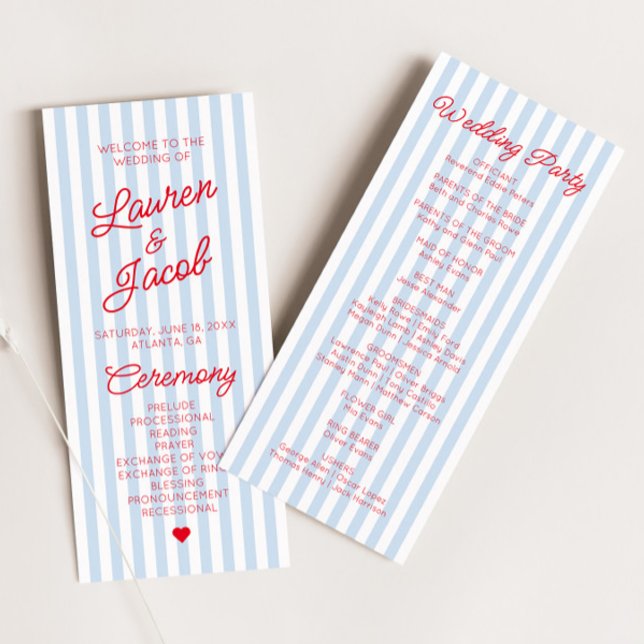 Modern Minimal Minimalist Blue Stripes Red Wedding Program (Skapare uppladdad)