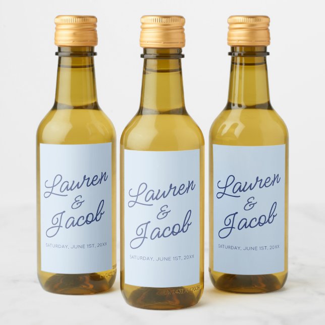 Modern Minimal Minimalistisk Blå Bröllops Mini Vinetikett (Flaskor)