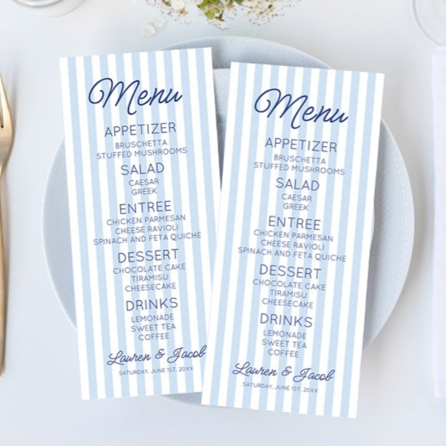 Modern Minimal Minimalistisk Blå Ränder Bröllop Meny (Skapare uppladdad)