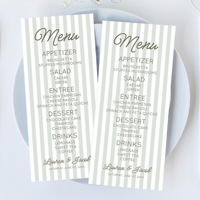 Modern Minimal Minimalistisk Gröna Ränder Bröllop Meny (Skapare uppladdad)