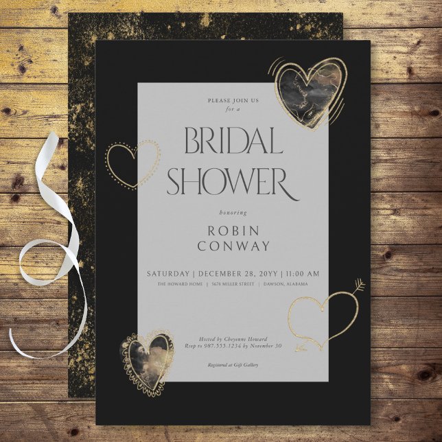 Modern minimal Möhippa för svartvitt och Guld Inbjudningar (Modern Minimal Black & Gold Hearts Bridal Shower Invitation)