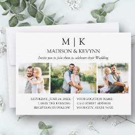 Modern minimal Monogram Bröllop 3-foto Inbjudningar