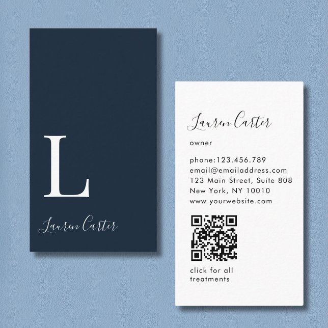 Modern minimal monogram Darkblue QR-kod Visitkort (Modern Minimal Monogram Blue QR Code Business Card)