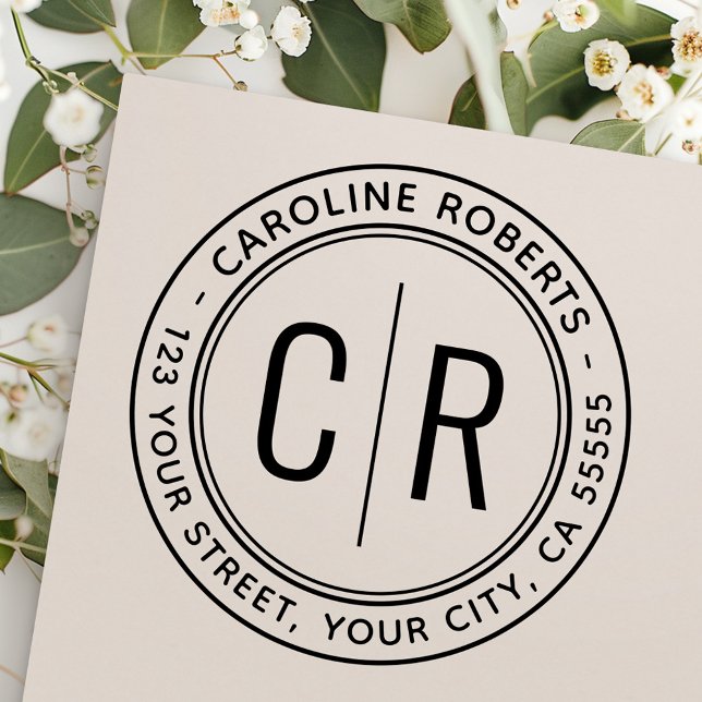 Modern minimal monogram initialer returadress självfärgande stämpel (Modern minimal monogram initials return address self-inking stamp)